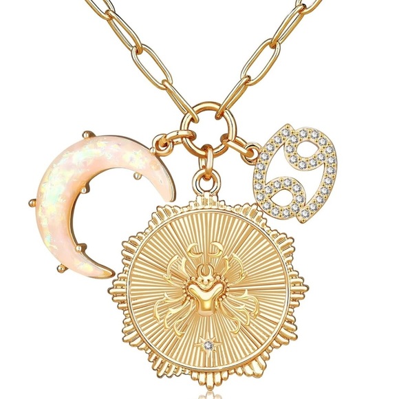 Cancer zodiac charm necklace in gold with opal crescent moon, blinged cancer - Picture 1 of 3